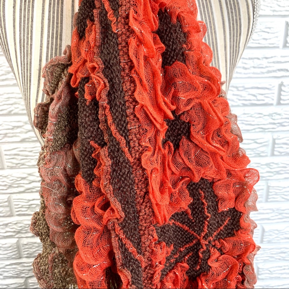 5/$25 Ruffled Floral Scarf Orange Brown Silver - Picture 3 of 8